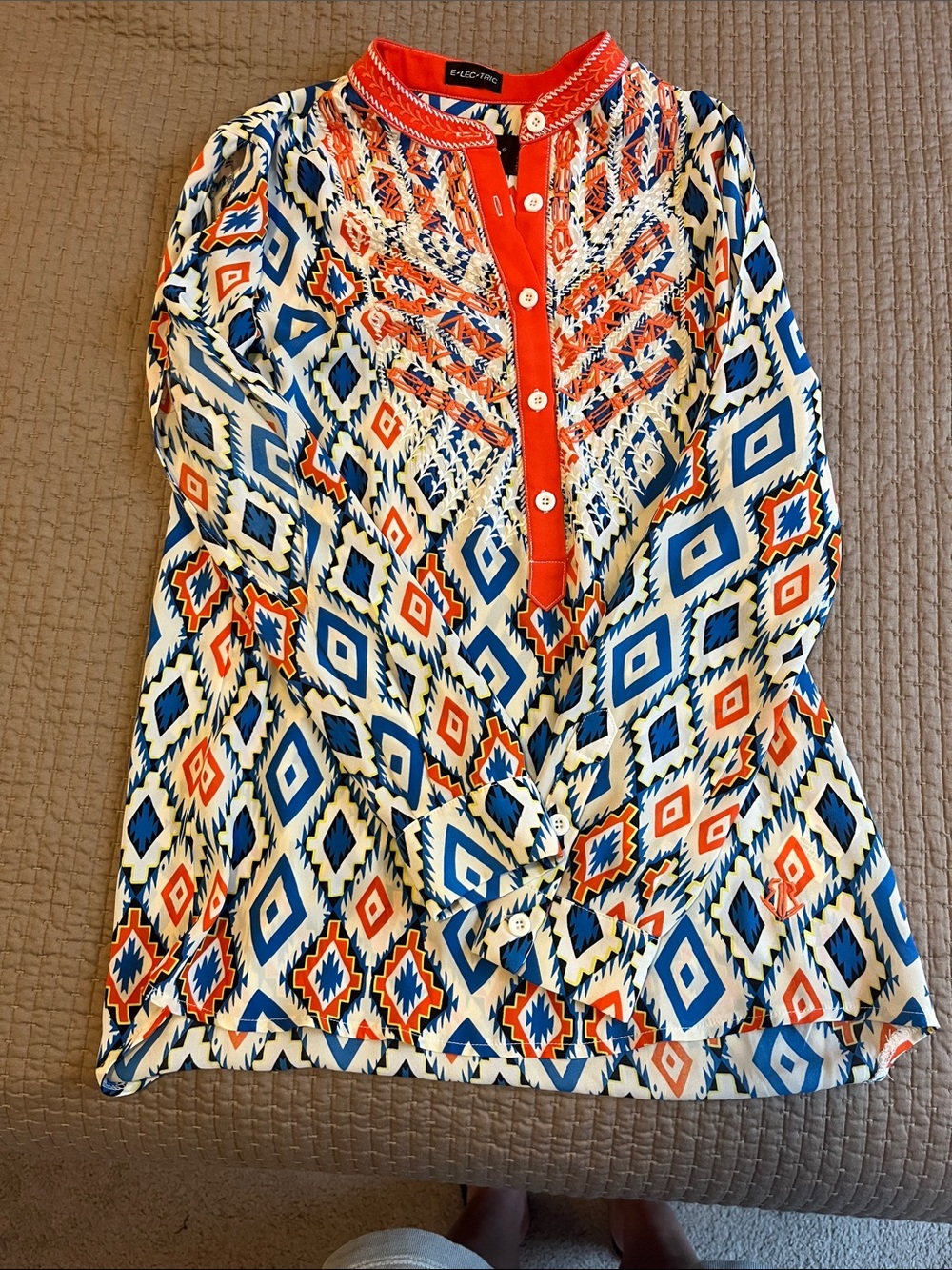 Roar Blue & Orange Embroidered Printed Button-Up Tunic with Open Sleeves